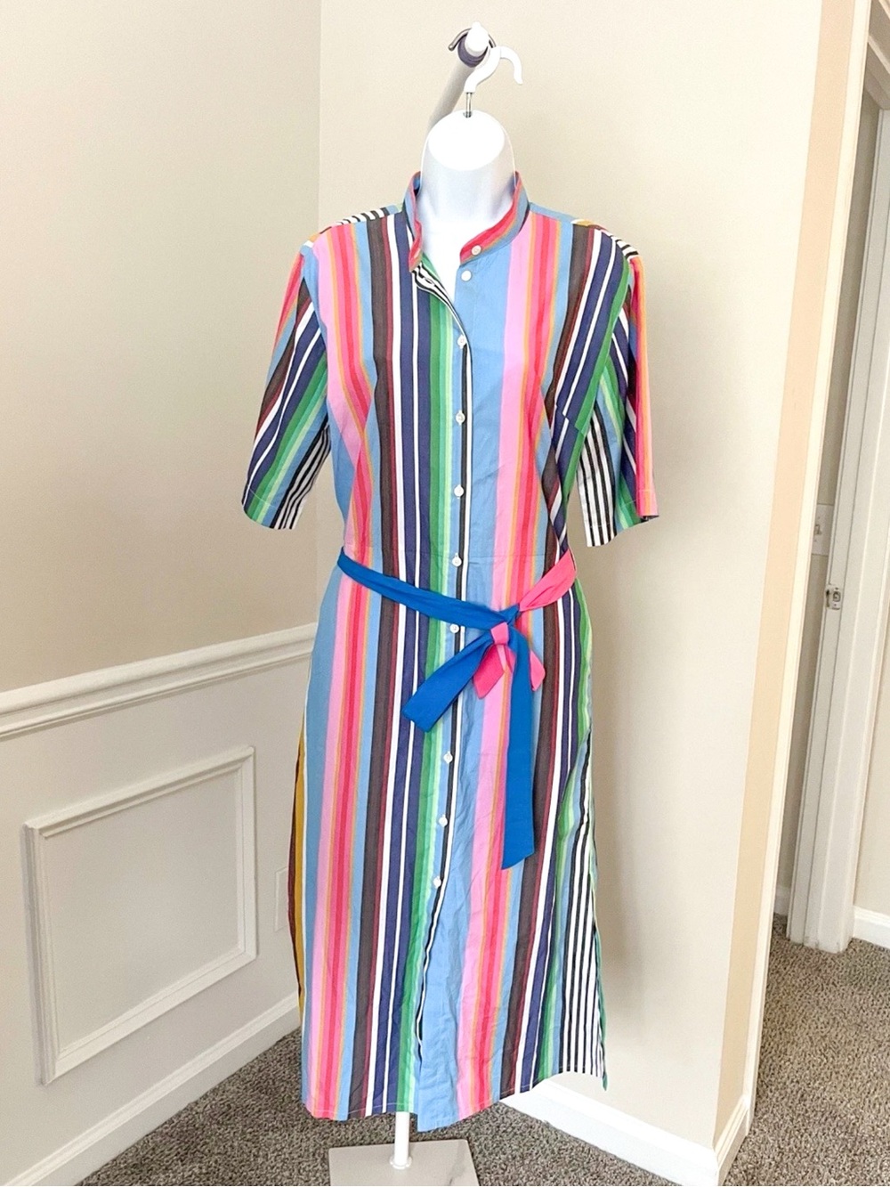 Mii Vibrant Striped Button Down Midi Shirt Dress Cotton Preppy Resort Women’s 8